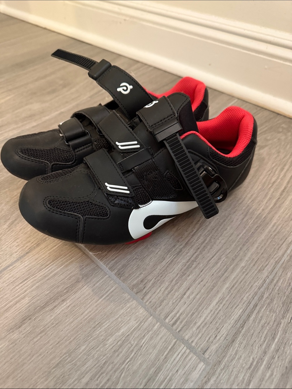 Peloton Women’s Black and Red Cycling Sneakers with Velcro Straps